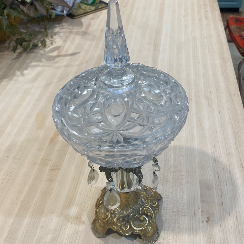 Stunning candy dish, brass and clear glass, height 16” bowl 8” cut